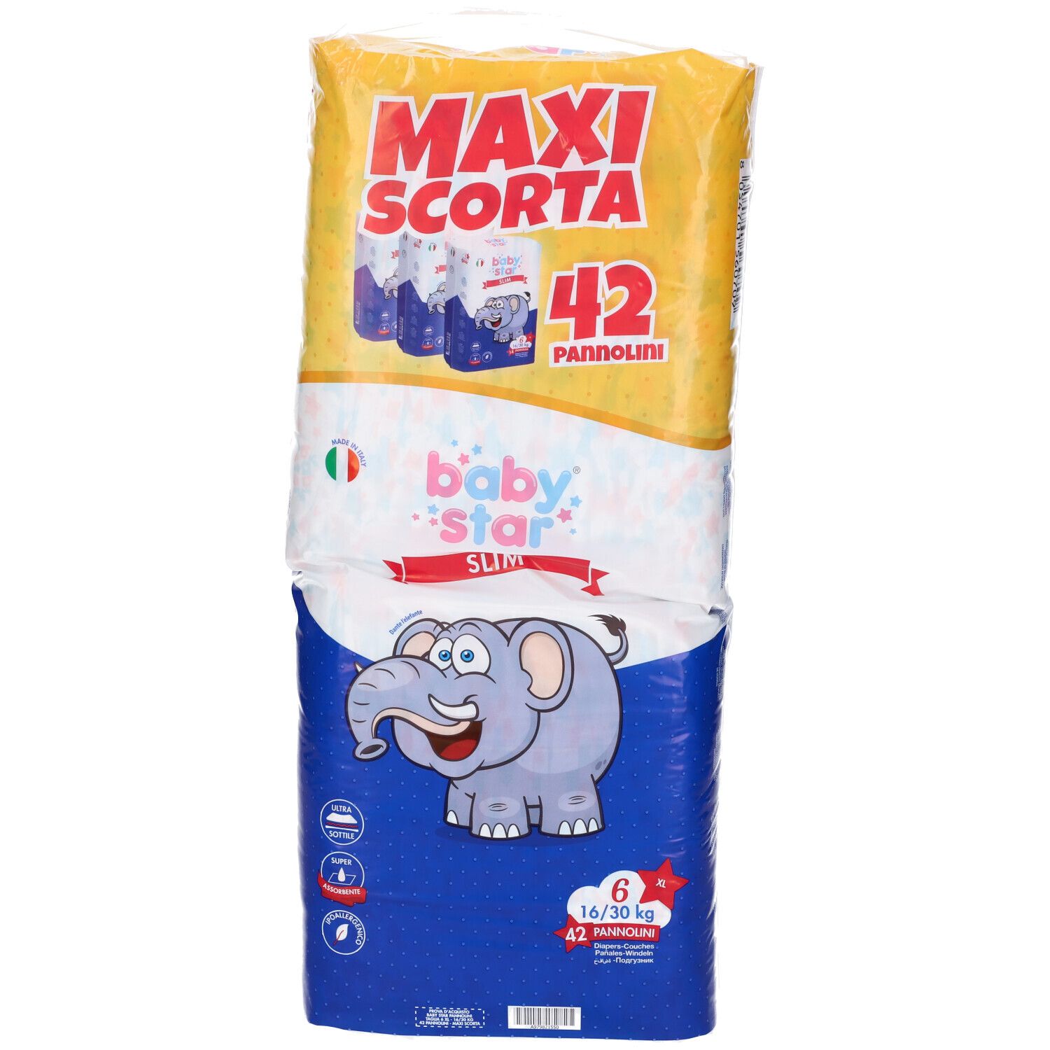 Confezione di pannolini "baby star" con illustrazione di elefante. Contiene 42 pannolini taglia 6.