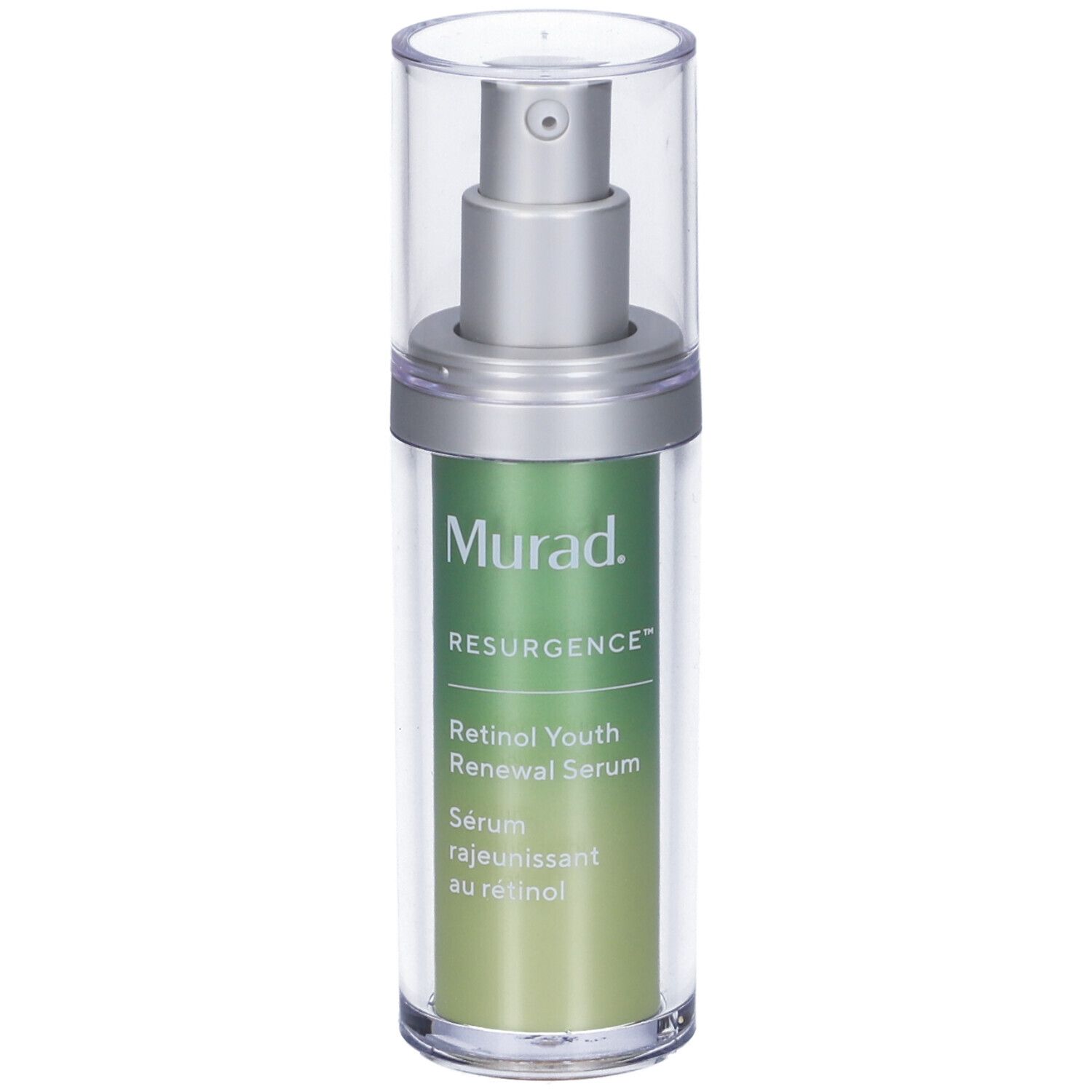 Flacone di siero con pompa. Marchio Murad, testo: Retinol Youth Renewal Serum. Flacone trasparente, etichetta verde.