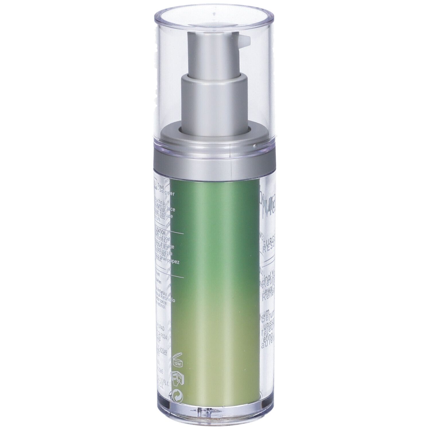Flacone di siero con pompa. Marchio Murad, testo: Retinol Youth Renewal Serum. Flacone trasparente, etichetta verde.