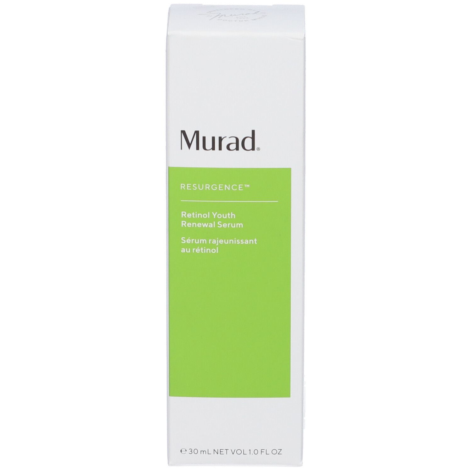 Confezione. Marchio Murad, testo: Retinol Youth Renewal Serum. Confezione verde.
