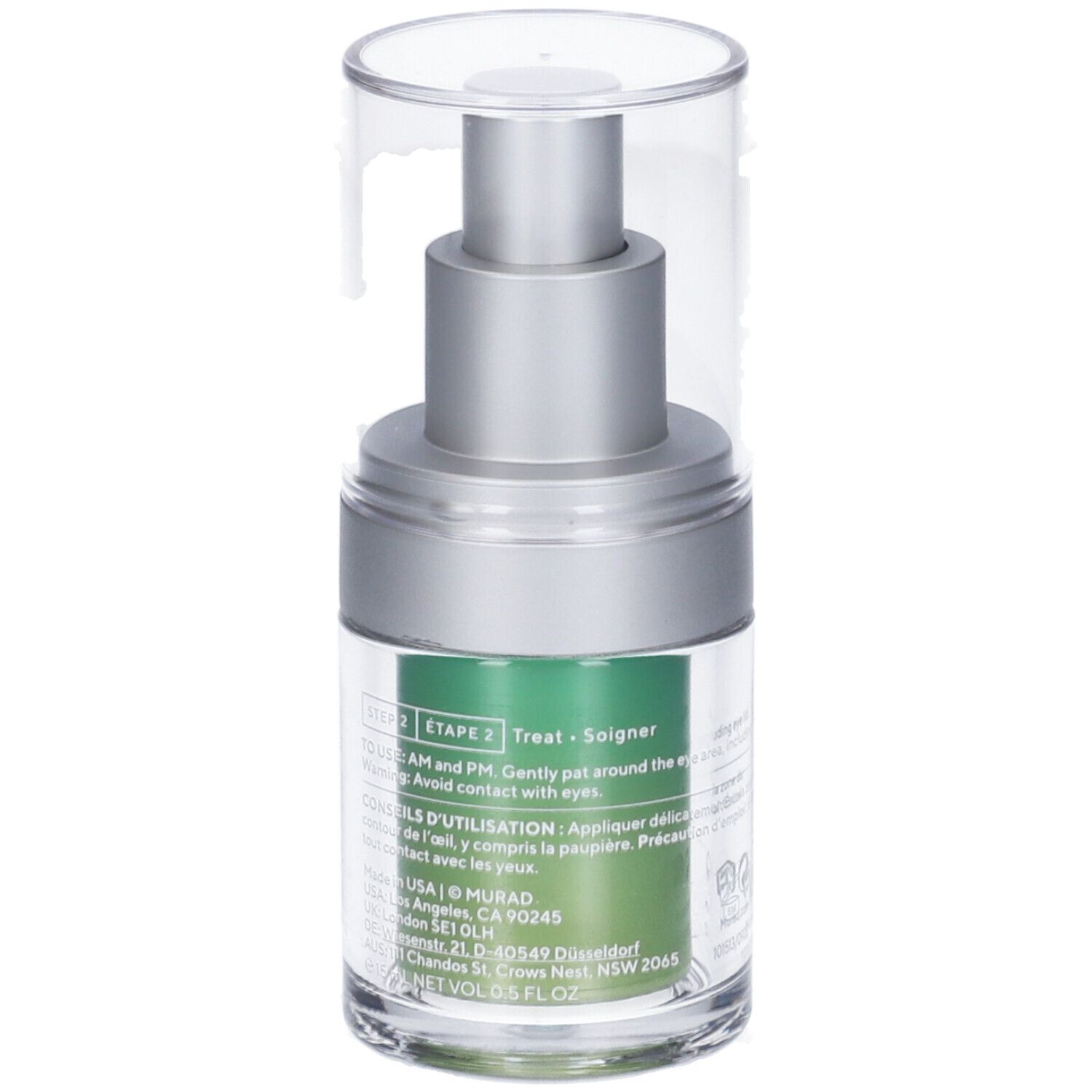 Vista posteriore del flacone di siero occhi Murad Retinol Youth Renewal. Etichetta verde con testo.