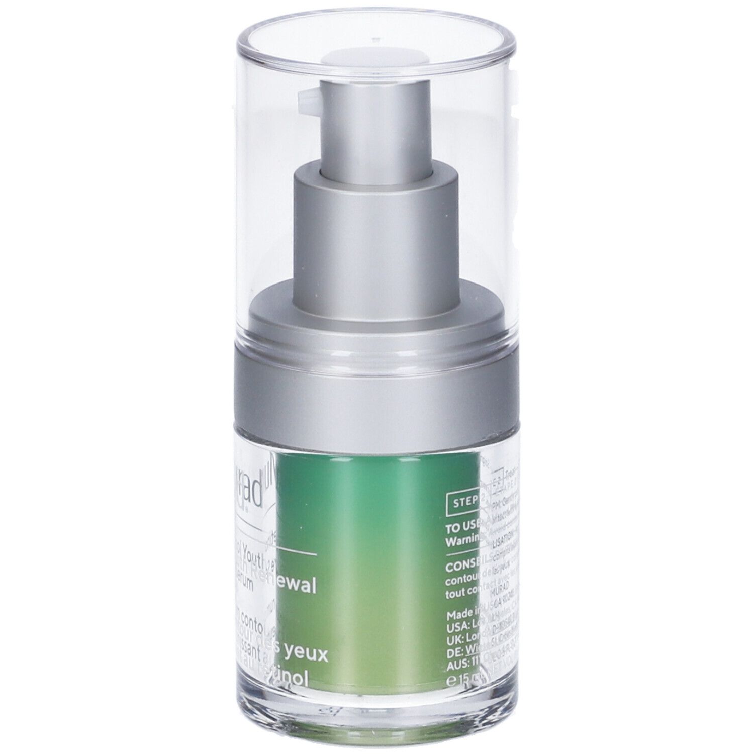 Vista posteriore del flacone di siero occhi Murad Retinol Youth Renewal. Etichetta verde con testo.