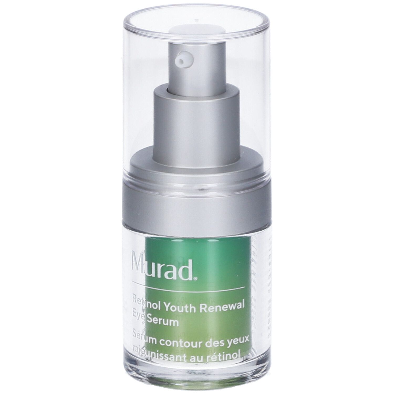Siero occhi Murad Retinol Youth Renewal. Flacone con pompa e tappo trasparente. Etichetta verde con nome del prodotto.