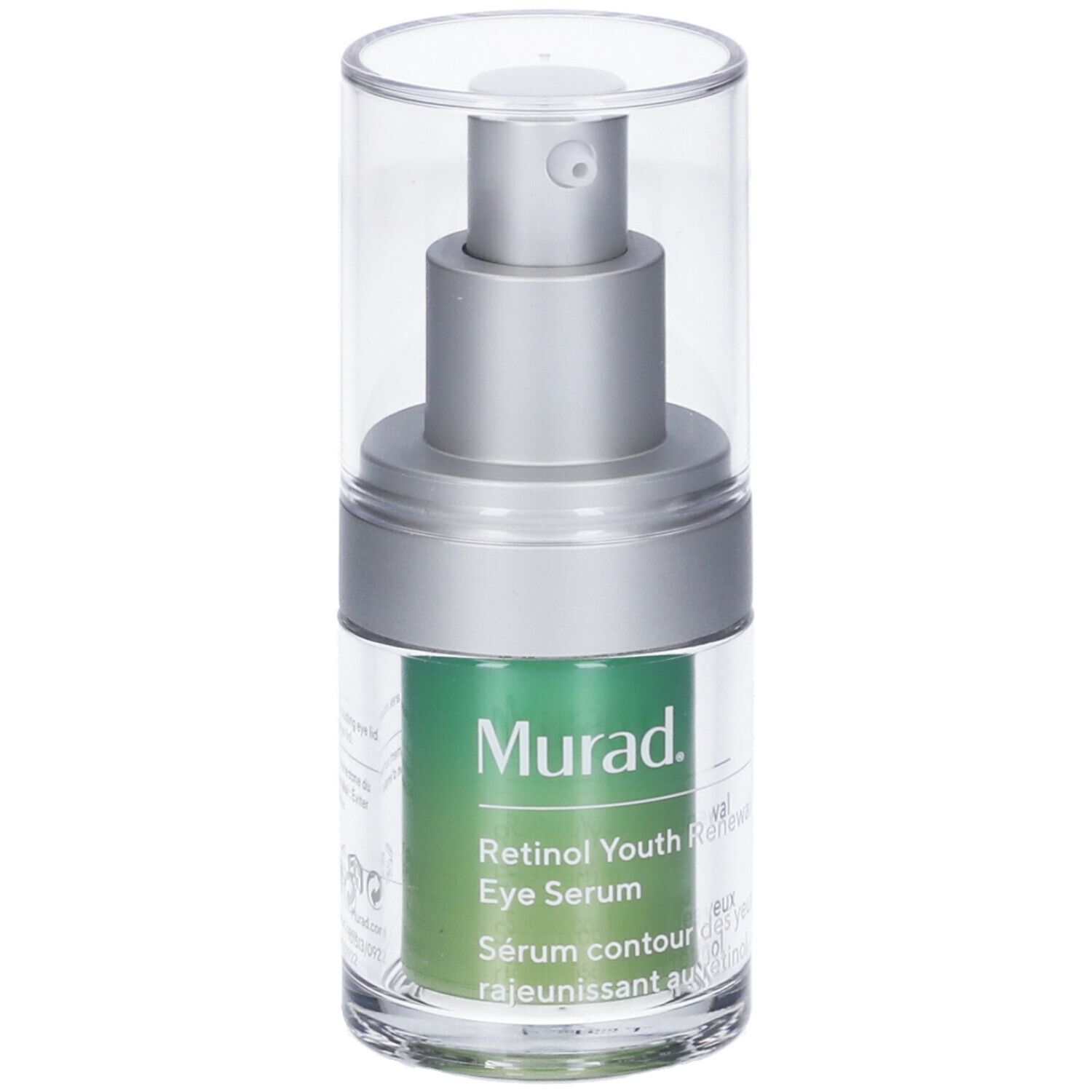 Siero occhi Murad Retinol Youth Renewal. Flacone con pompa e tappo trasparente. Etichetta verde con nome del prodotto.