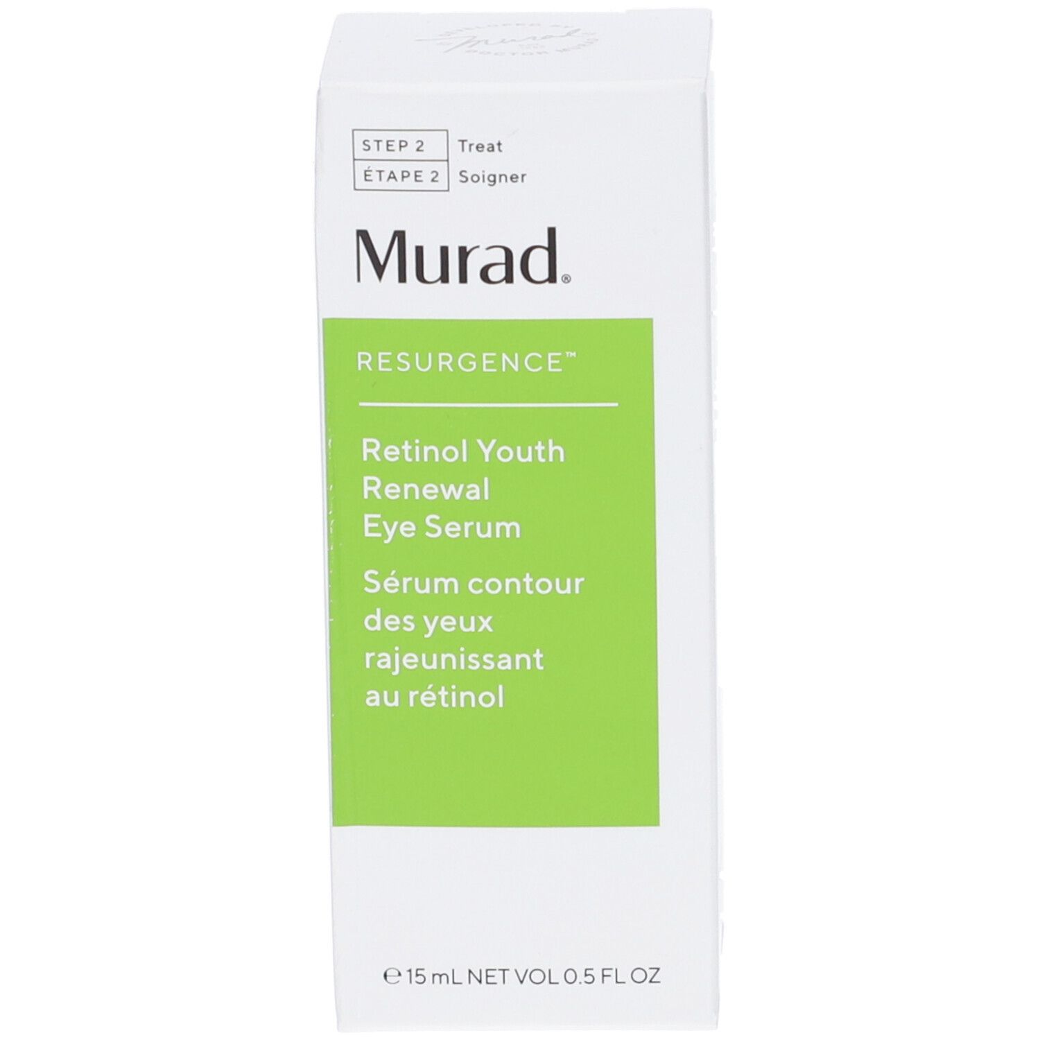 Confezione del siero occhi Murad Retinol Youth Renewal. Scatola bianca con dettagli verdi e nome del prodotto.