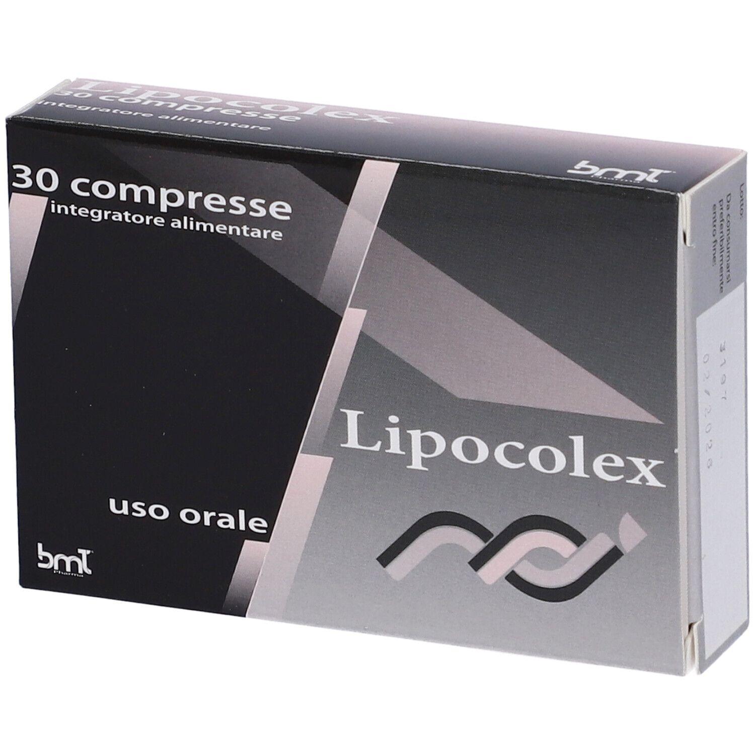 Scatola "Lipocolex Compresse" con 30 compresse. Marchio bmt. Confezione nera e grigia. Testo: "uso orale".