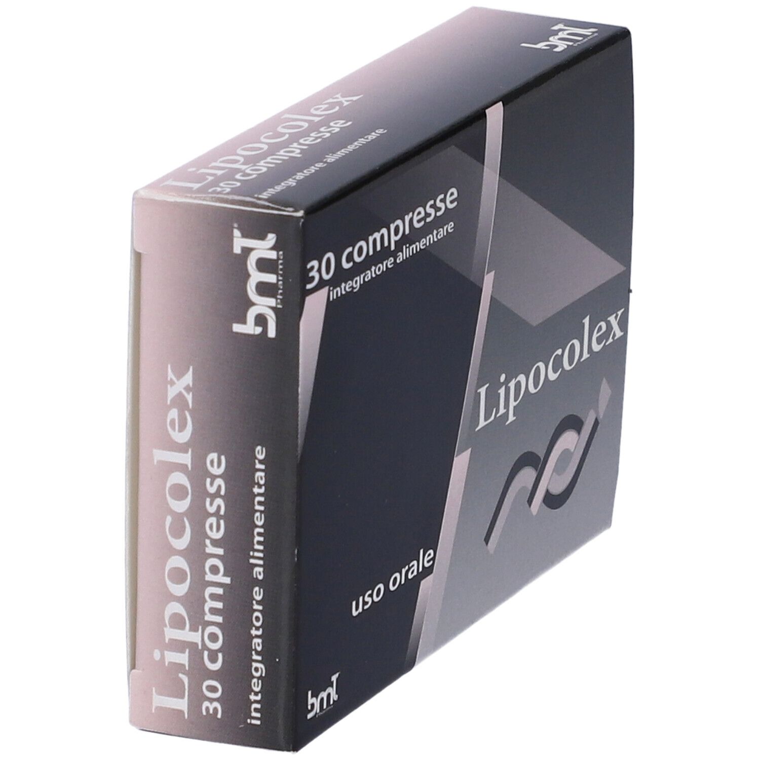 Scatola "Lipocolex Compresse" con 30 compresse. Marchio bmt. Confezione nera e grigia. Testo: "uso orale".