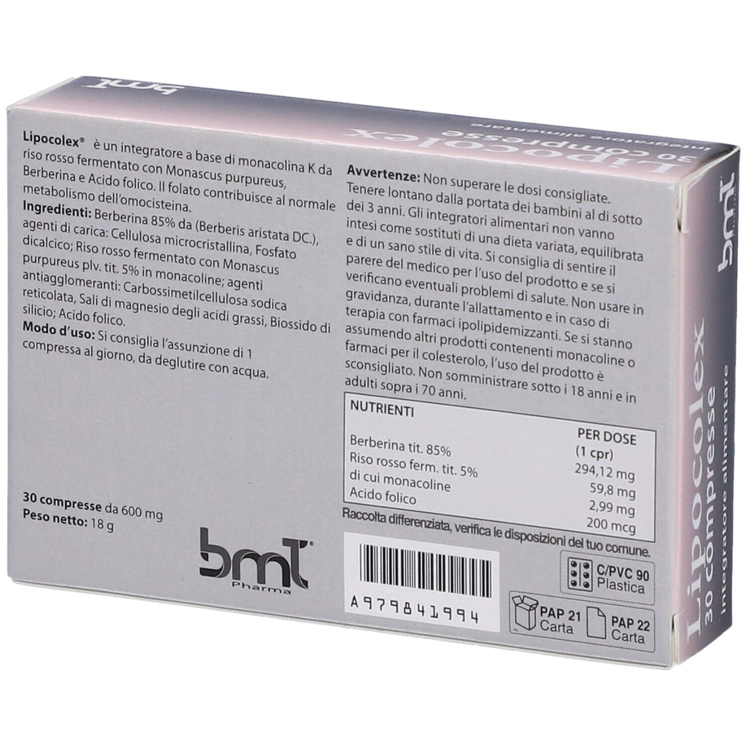 Retro della confezione "Lipocolex Compresse". Contiene informazioni su ingredienti, dosaggio e avvertenze. Marchio bmt.