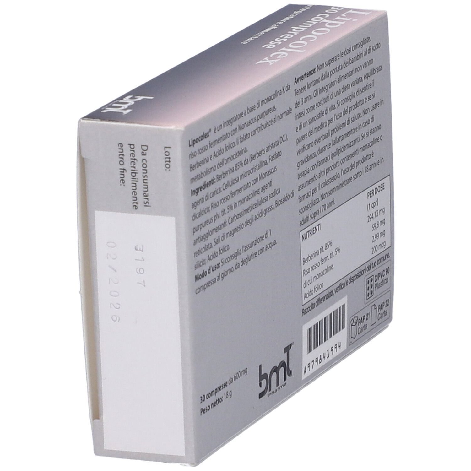 Vista laterale della confezione "Lipocolex Compresse". Contiene informazioni sulla data di scadenza e il produttore. Marchio bmt.