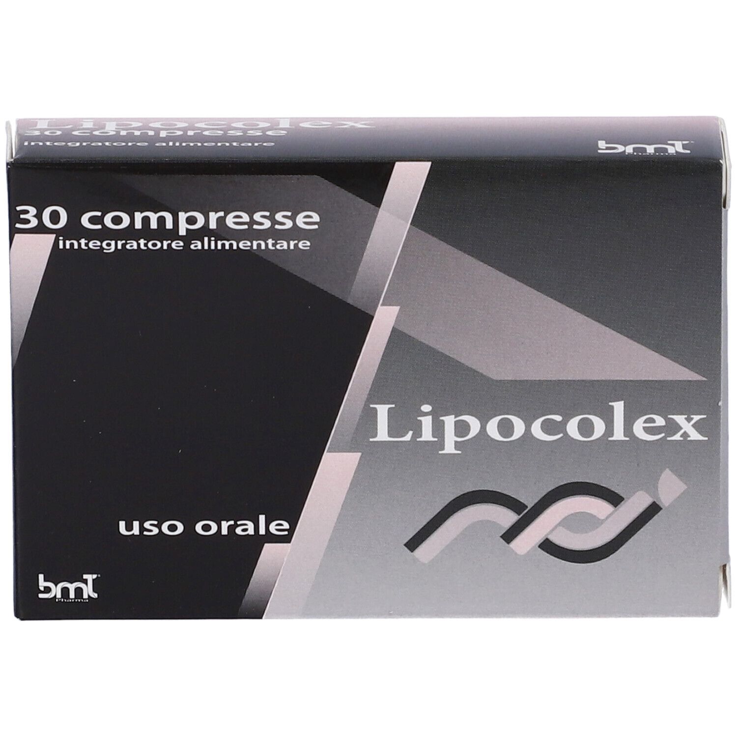 Scatola "Lipocolex Compresse" con 30 compresse. Marchio bmt. Confezione nera e grigia. Testo: "uso orale".