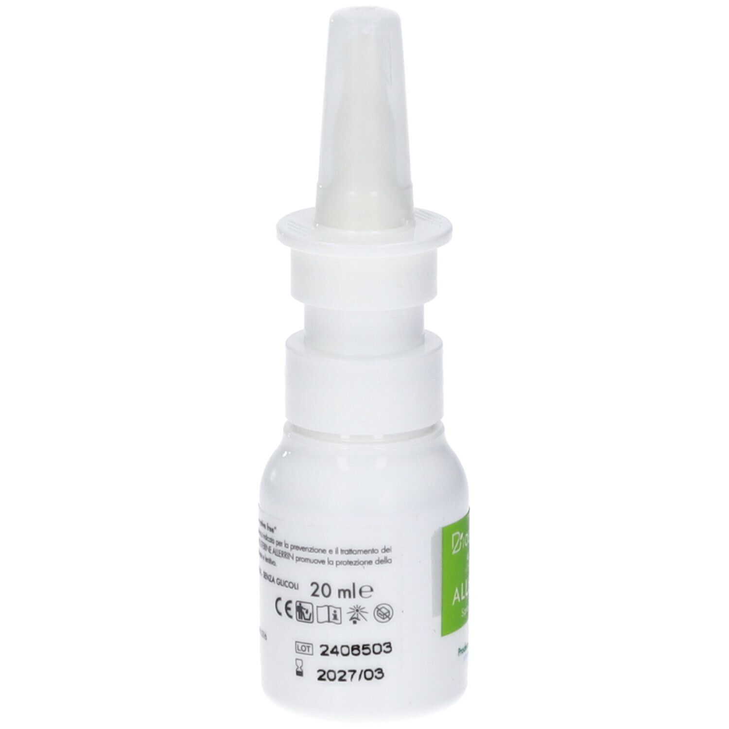 Flacone spray nasale bianco con etichetta verde. Retro con testo e loghi. 20 ml, marchio CE.