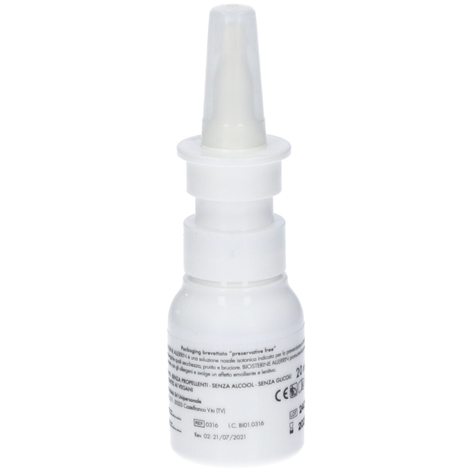 Flacone spray nasale bianco con etichetta verde. Retro con testo. 20 ml, marchio CE.