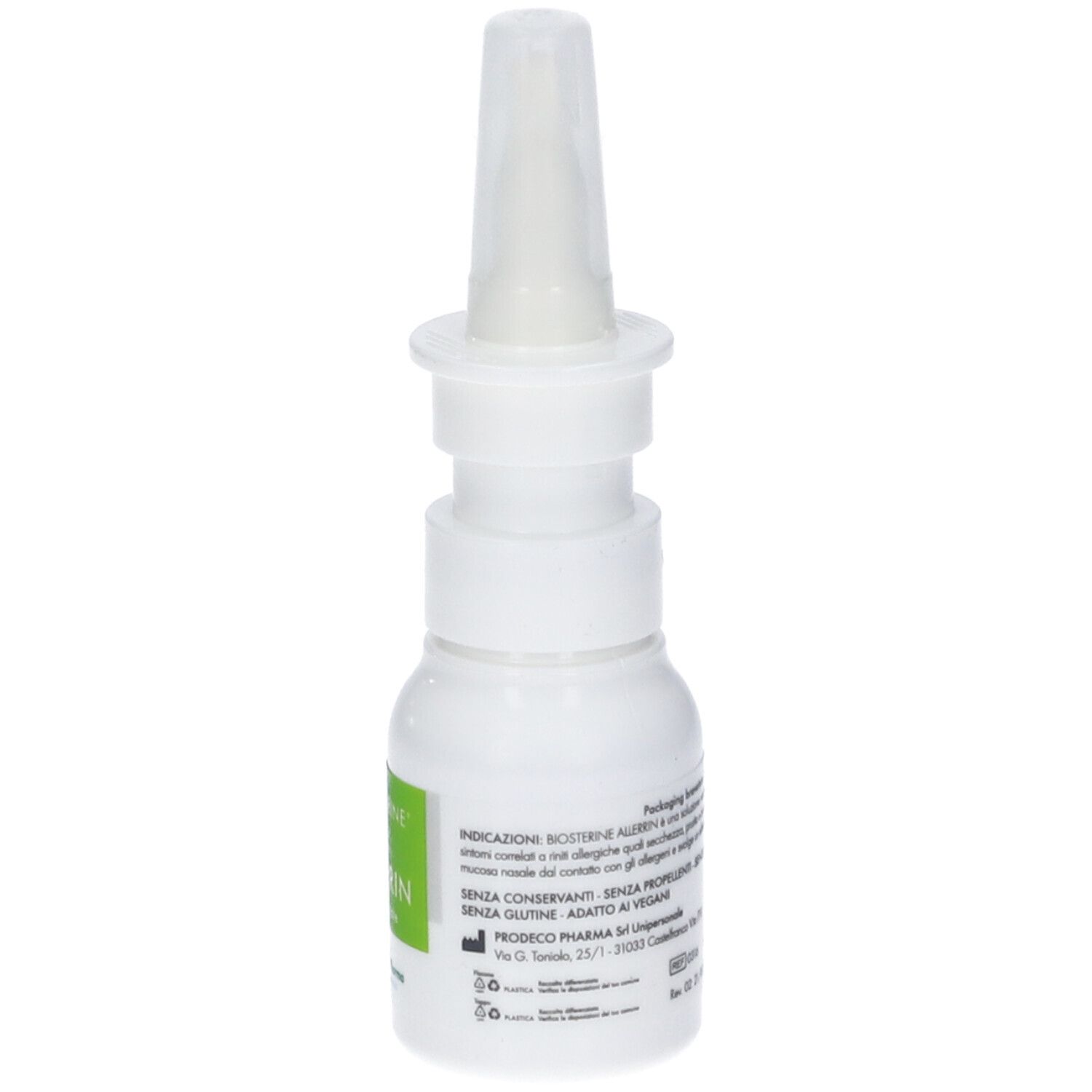 Flacone spray nasale bianco con etichetta verde. Retro con testo. Senza glutine, vegano.