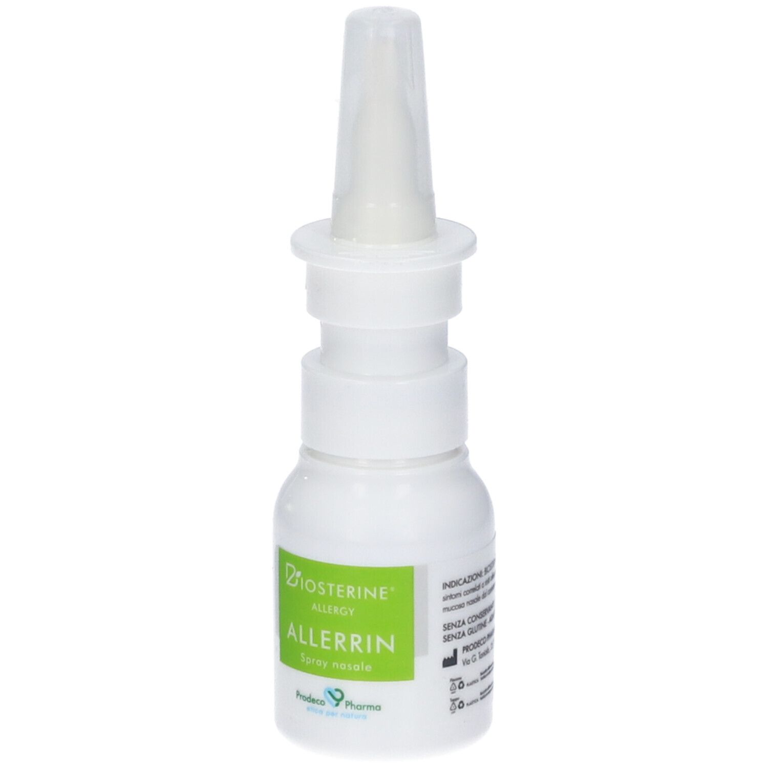 Flacone spray nasale bianco con etichetta verde. Testo: ALLERRIN, Biosterine Allergy. Ugello spray trasparente.