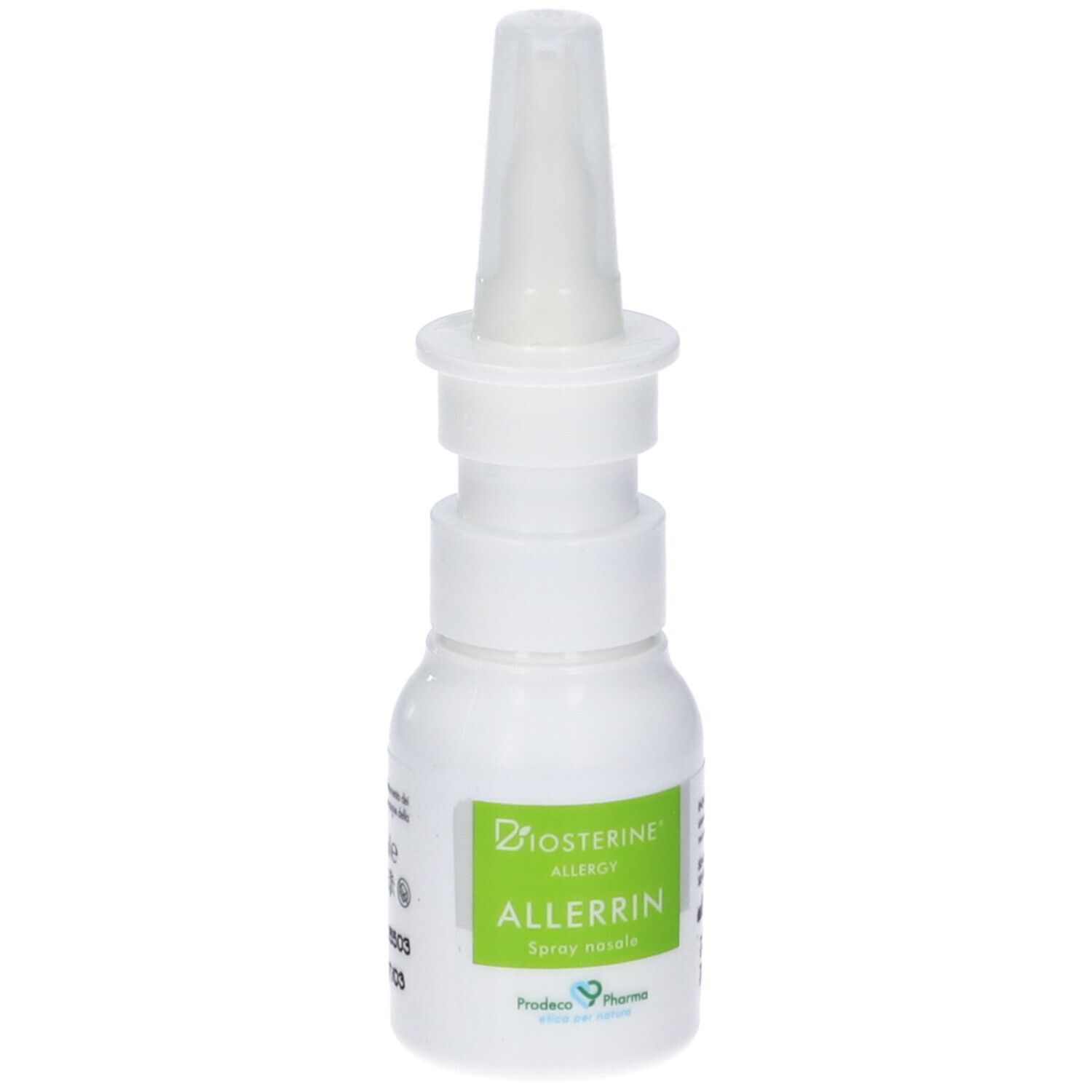 Flacone spray nasale bianco con etichetta verde. Testo: ALLERRIN, Biosterine Allergy. Ugello spray trasparente.