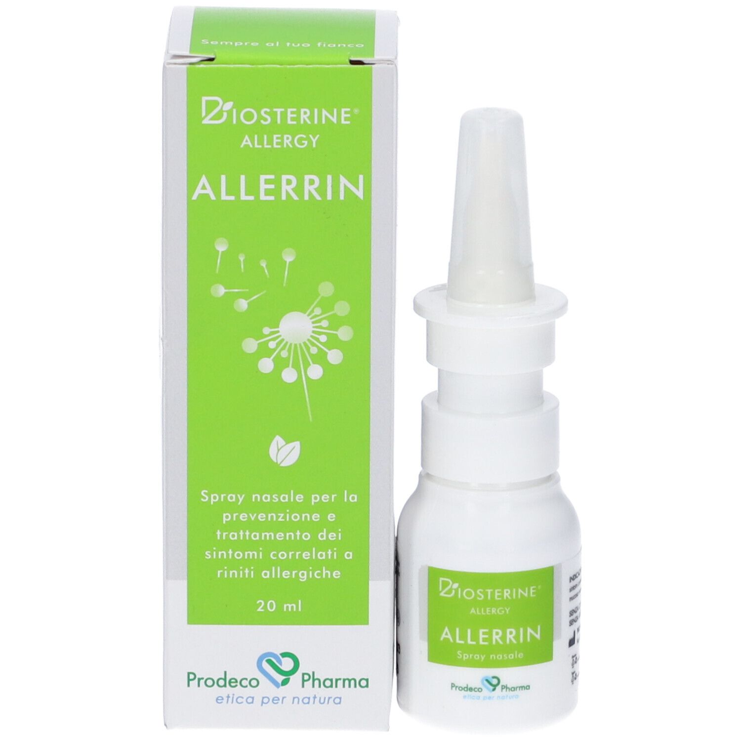 Flacone spray nasale e scatola. Scatola verde con testo: ALLERRIN, Biosterine Allergy. 20 ml.