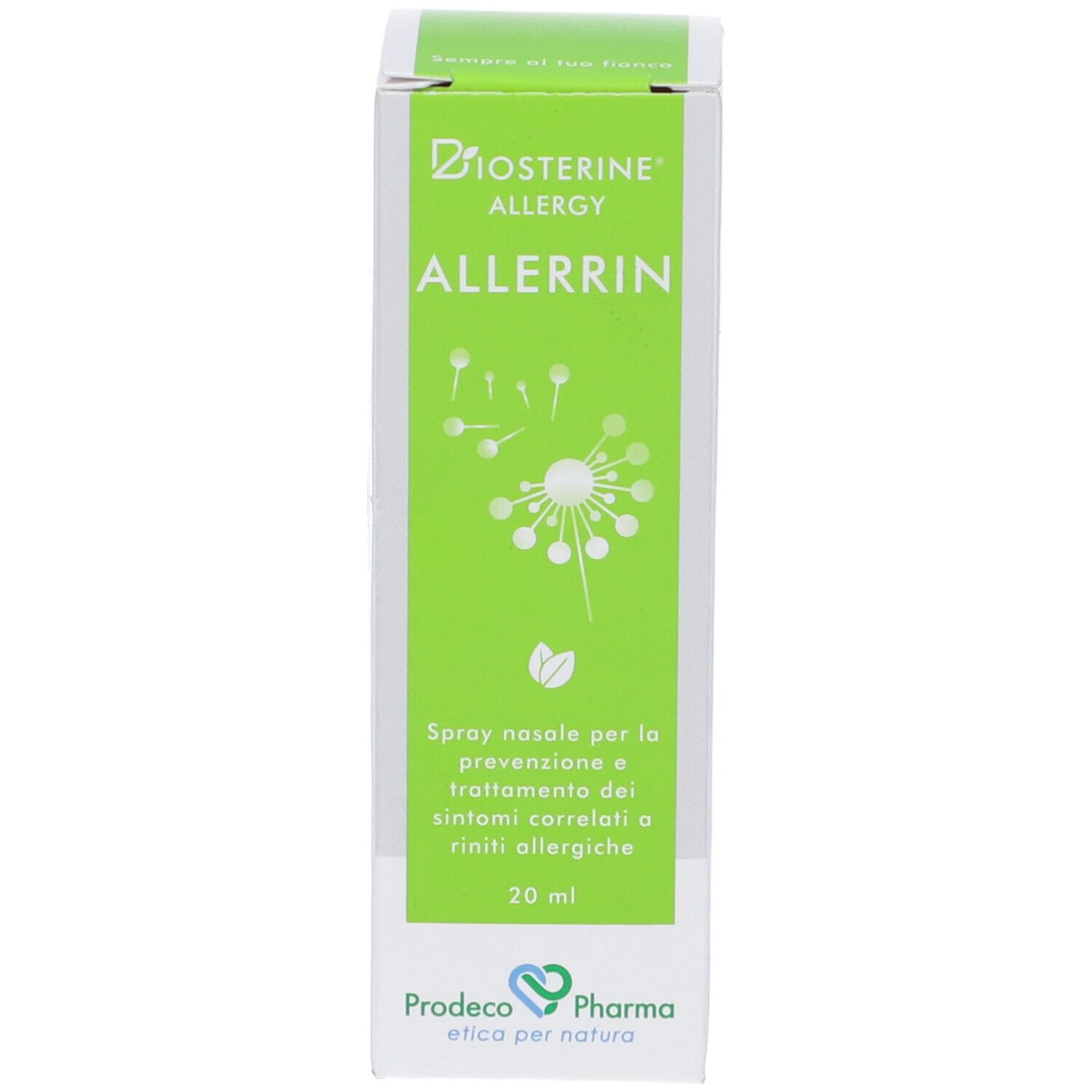 Scatola verde con testo: ALLERRIN, Biosterine Allergy. 20 ml. Illustrazione di un soffione.