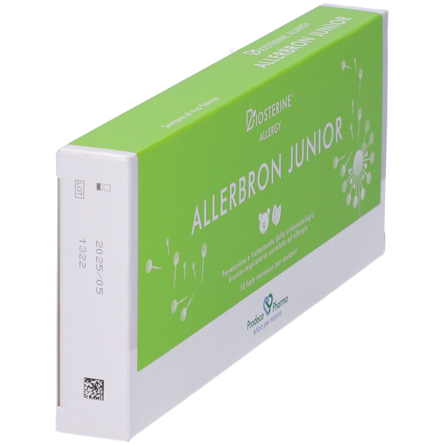 Scatola verde "Biosterine Allergy Allerbron Junior". Vista laterale. Testo e logo. Confezione bianca.