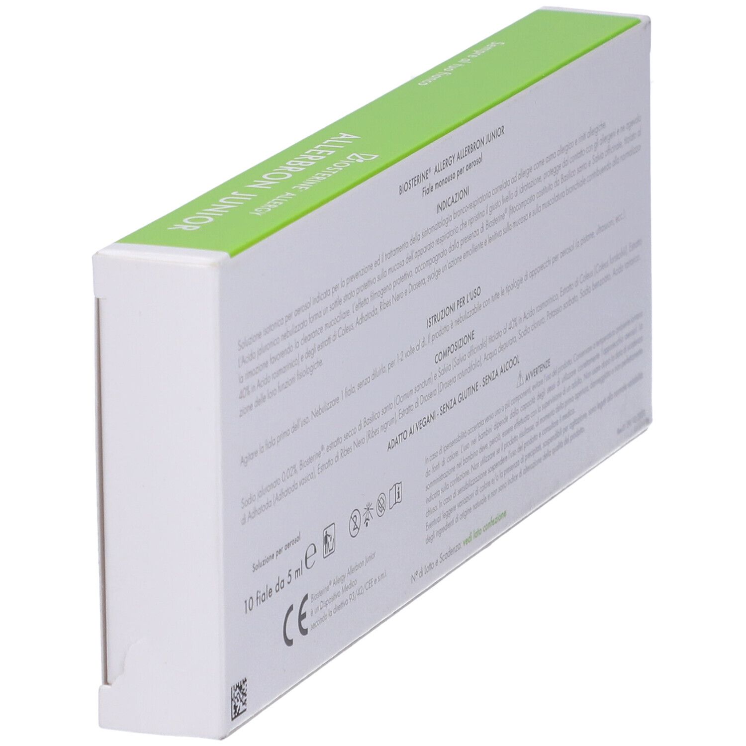 Vista laterale della scatola "Biosterine Allergy Allerbron Junior". Testo e loghi. Confezione bianca.