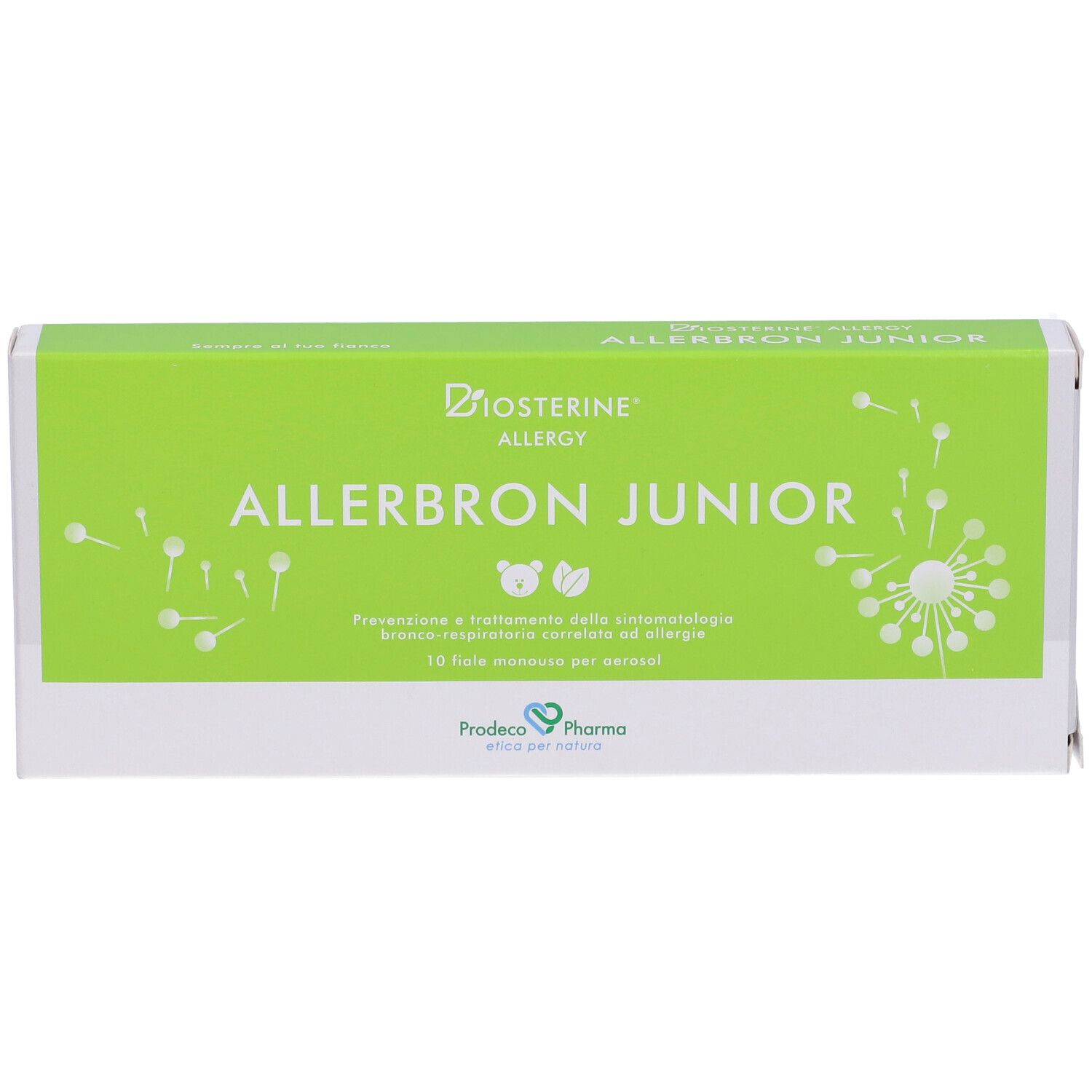 Scatola verde "Biosterine Allergy Allerbron Junior". Testo e logo sul fronte. Confezione bianca.