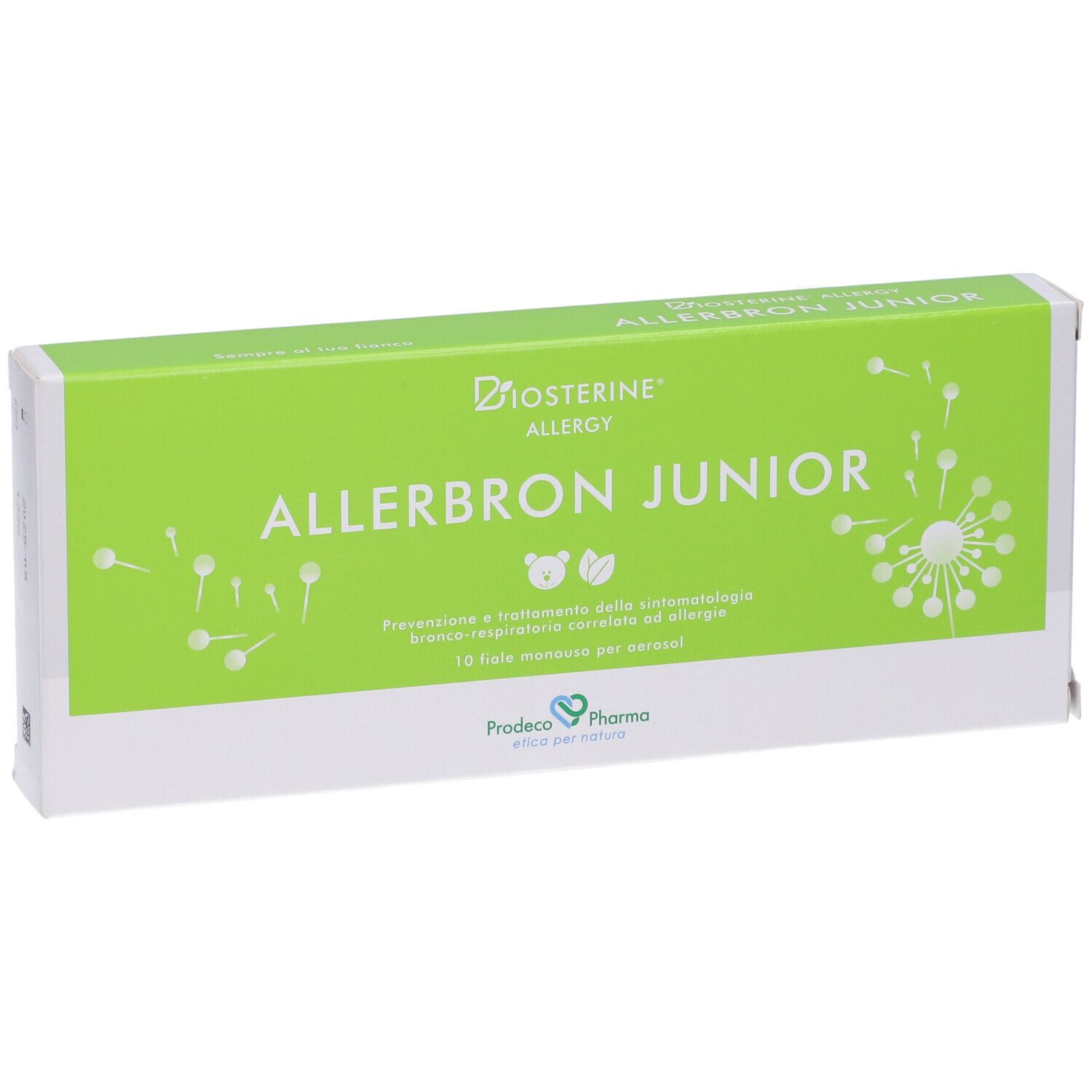 Scatola verde "Biosterine Allergy Allerbron Junior". Testo e logo sul fronte. Confezione bianca.