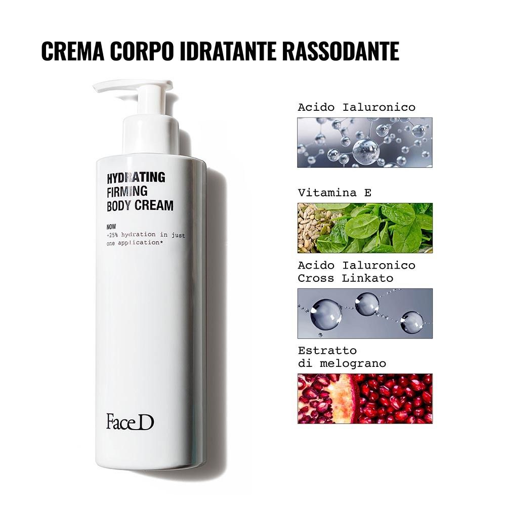 Flacone bianco di crema corpo con dosatore. Ingredienti: acido ialuronico, vitamina E, estratto di melograno.