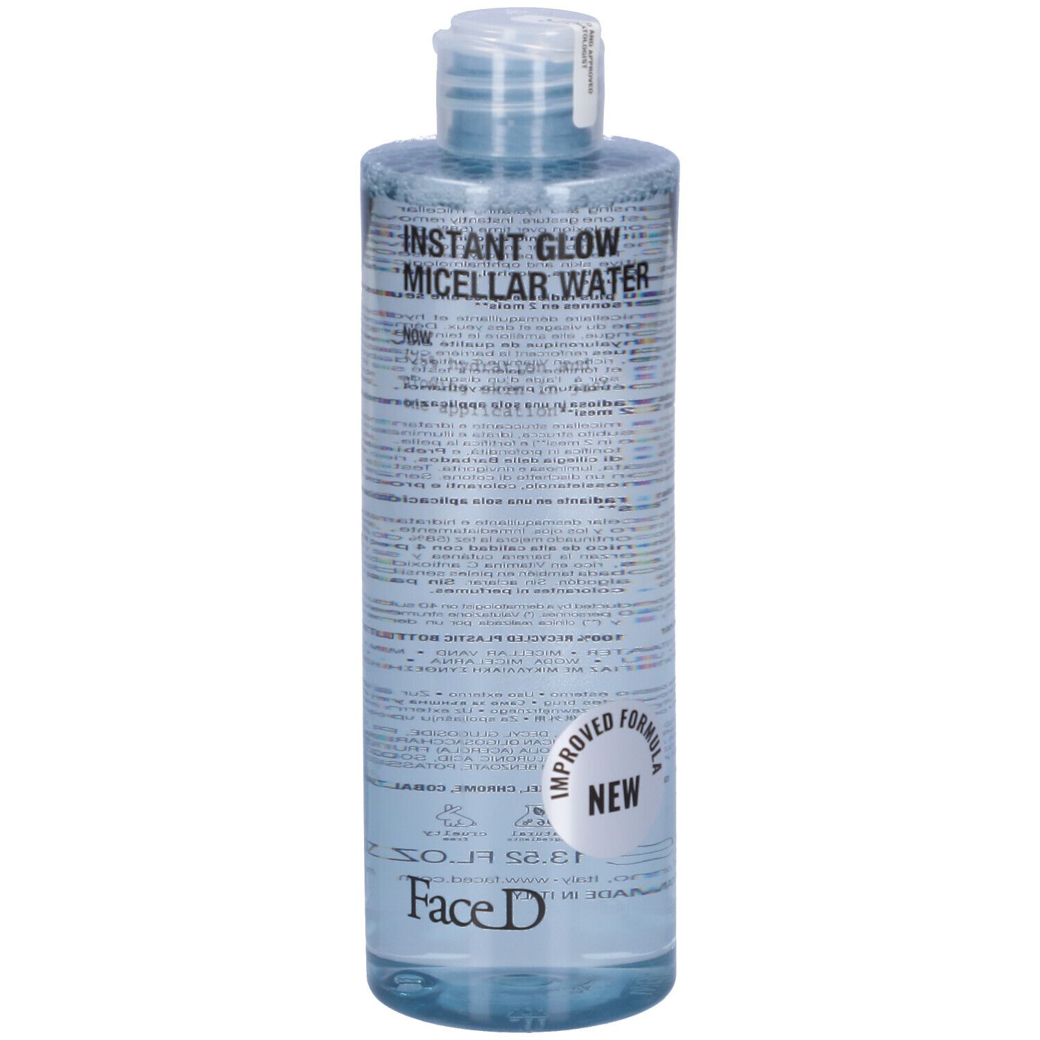 Flacone trasparente con liquido blu. Scritta: INSTANT GLOW MICELLAR WATER, Face D. Nuovo prodotto.