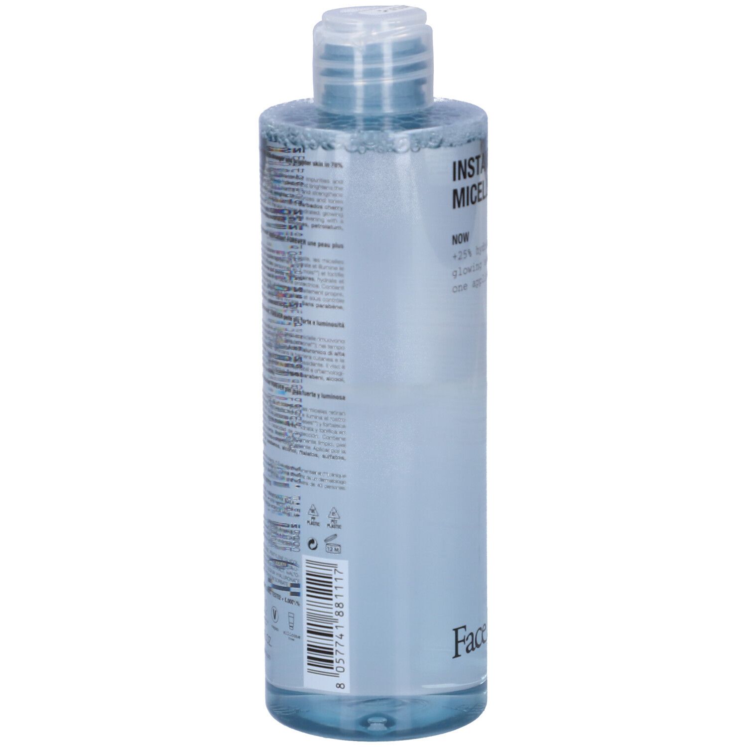 Flacone trasparente con liquido blu. Scritta: INSTANT GLOW MICELLAR WATER, Face D. Nuovo prodotto.