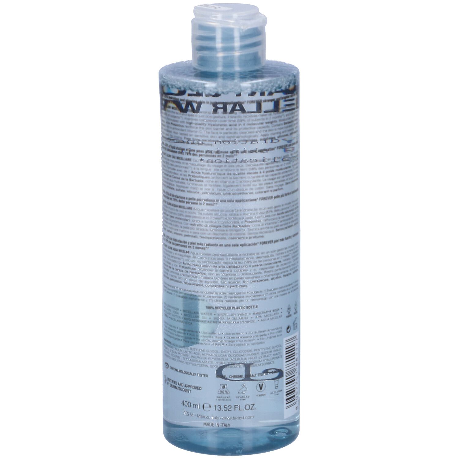 Flacone trasparente con liquido blu. Scritta: INSTANT GLOW MICELLAR WATER, Face D. Nuovo prodotto.