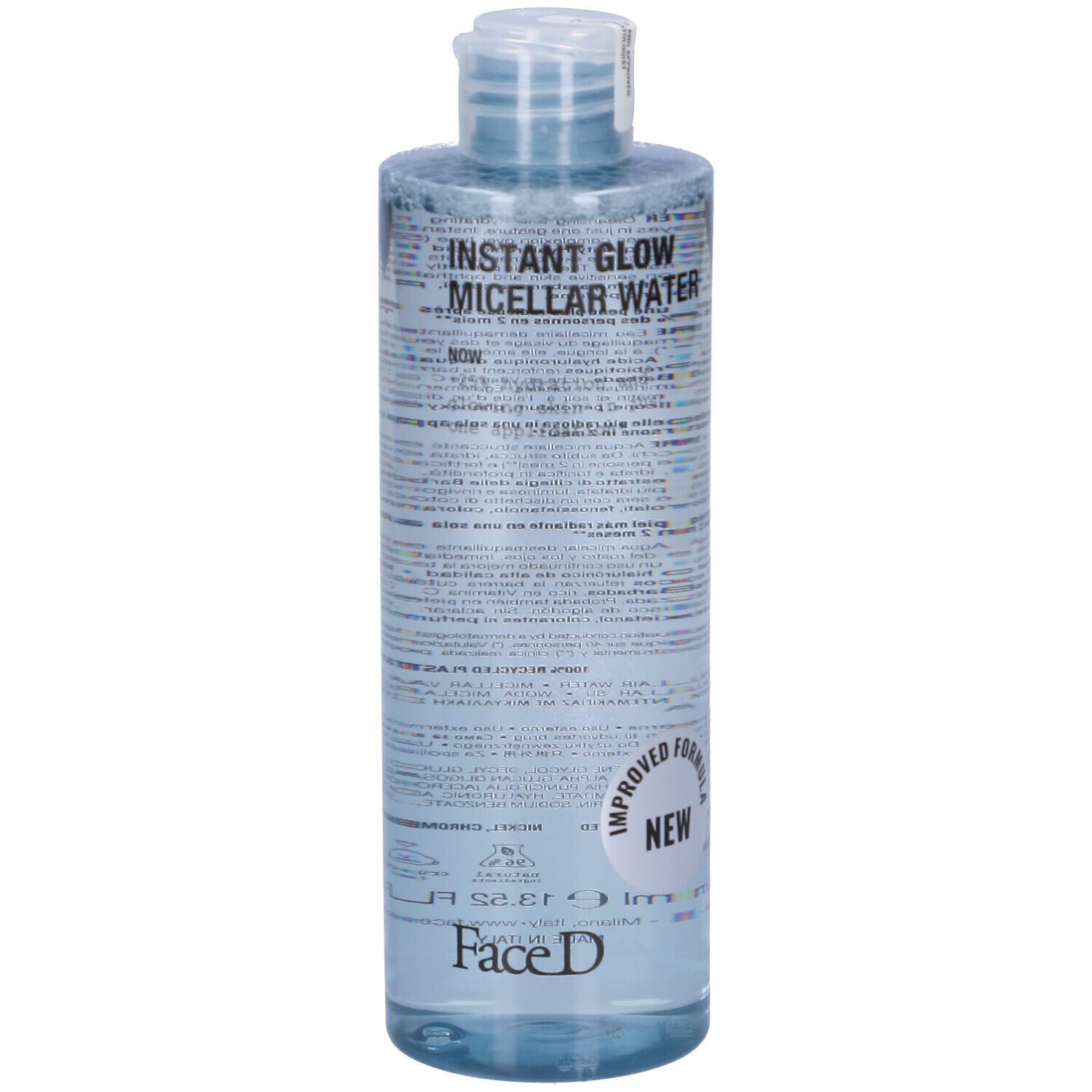 Flacone trasparente con liquido blu. Scritta: INSTANT GLOW MICELLAR WATER, Face D. Nuovo prodotto.