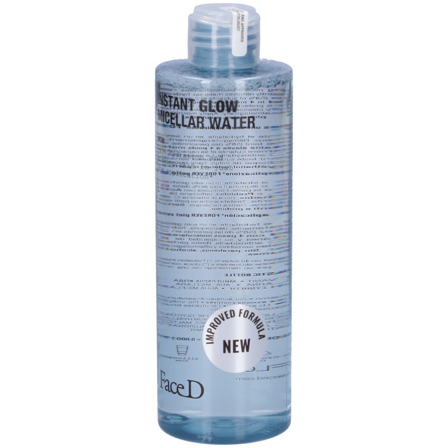 Flacone trasparente con liquido blu. Scritta: INSTANT GLOW MICELLAR WATER, Face D. Nuovo prodotto.
