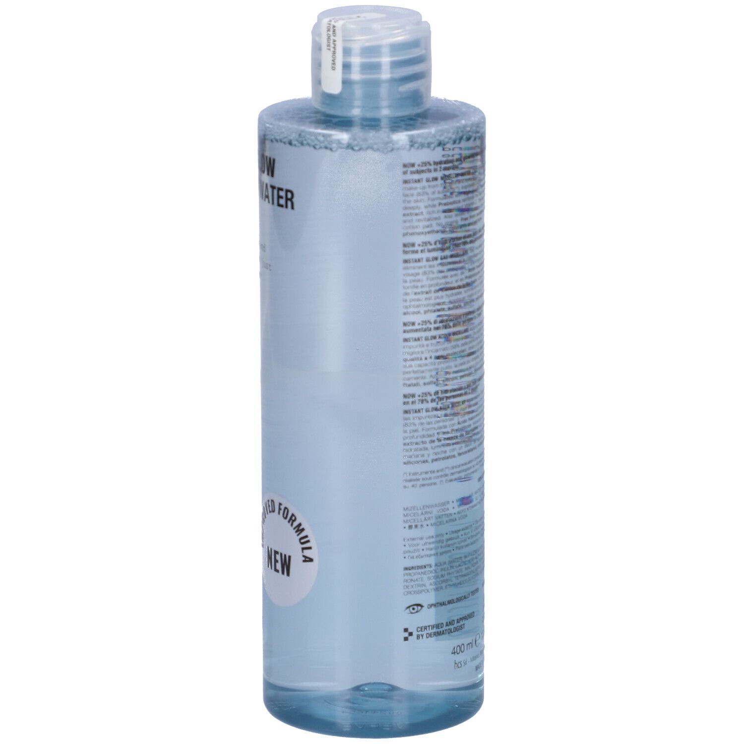 Flacone trasparente con liquido blu. Scritta: INSTANT GLOW MICELLAR WATER, Face D. Nuovo prodotto.