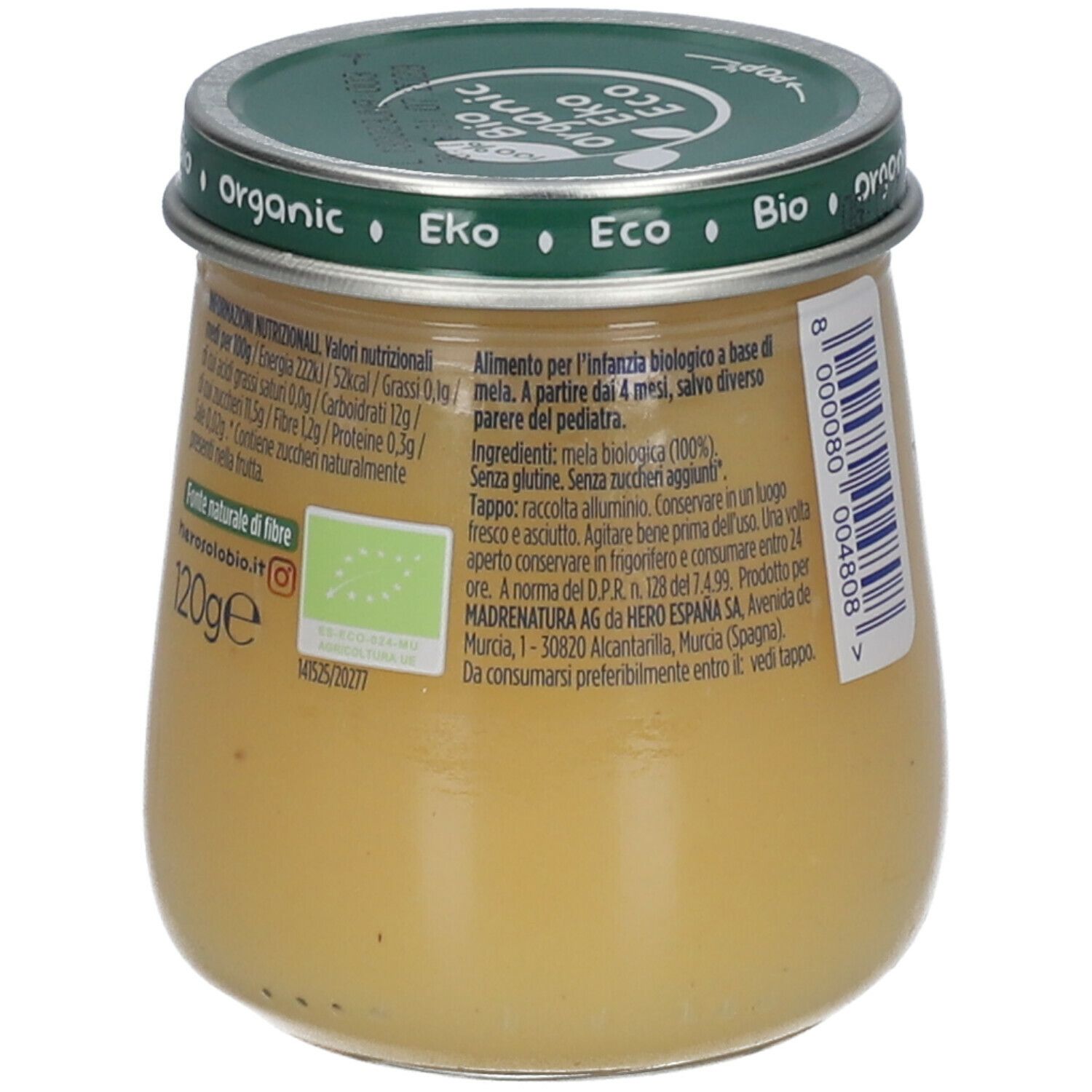 Vasetto di omogeneizzato. Retro con testo e valori nutrizionali. Coperchio 'Bio'. 120g.