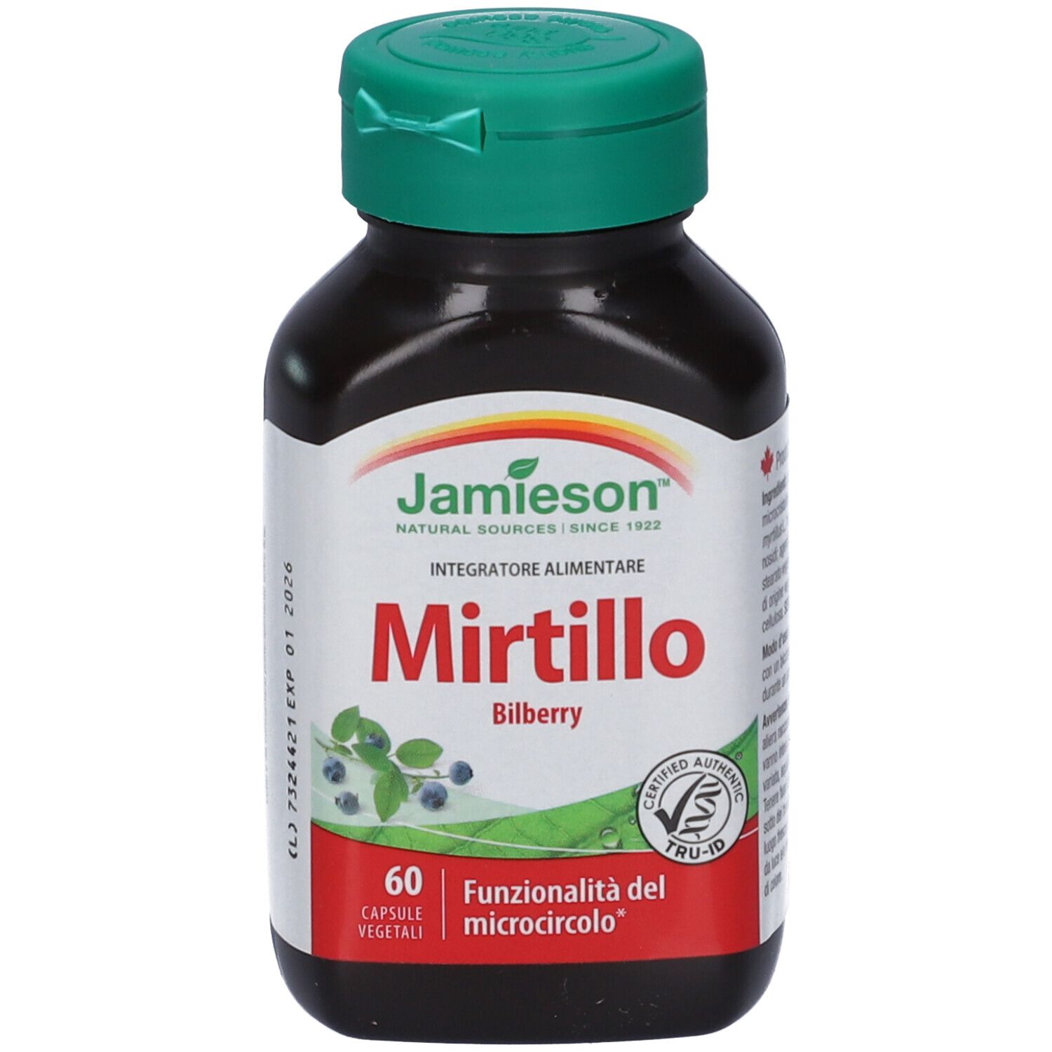 Flacone marrone con tappo verde. Etichetta con nome prodotto Mirtillo Bilberry e marchio Jamieson. 60 capsule.