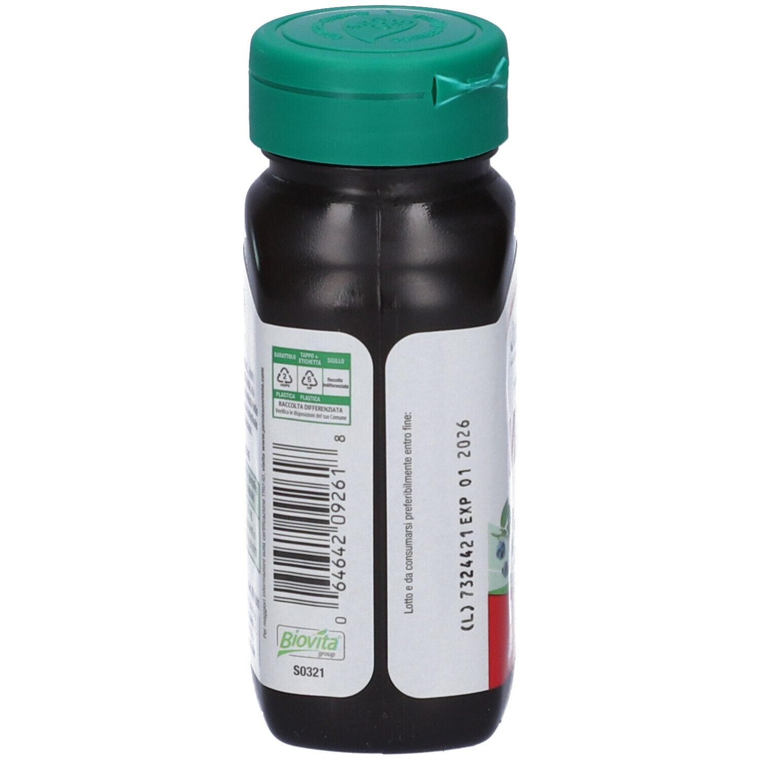 Retro di un flacone marrone con tappo verde. Etichetta con codice a barre e informazioni. Logo Biovita.