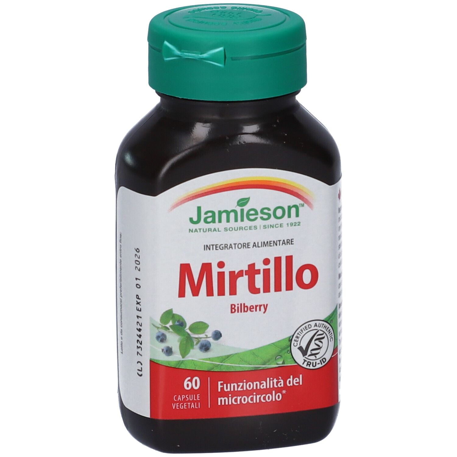 Flacone marrone con tappo verde. Etichetta con nome prodotto Mirtillo Bilberry e marchio Jamieson. 60 capsule.