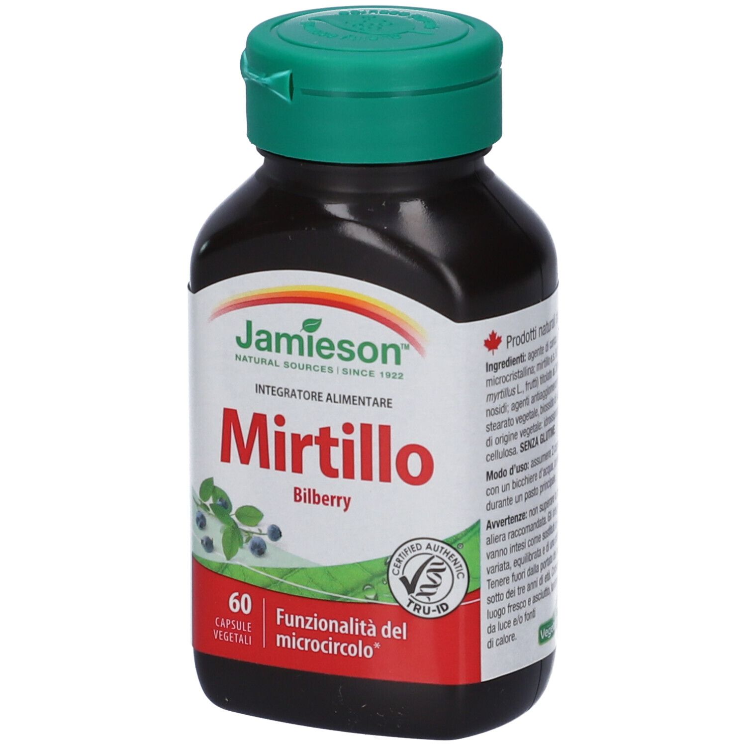 Flacone marrone con tappo verde. Etichetta con nome prodotto Mirtillo Bilberry e marchio Jamieson. 60 capsule.