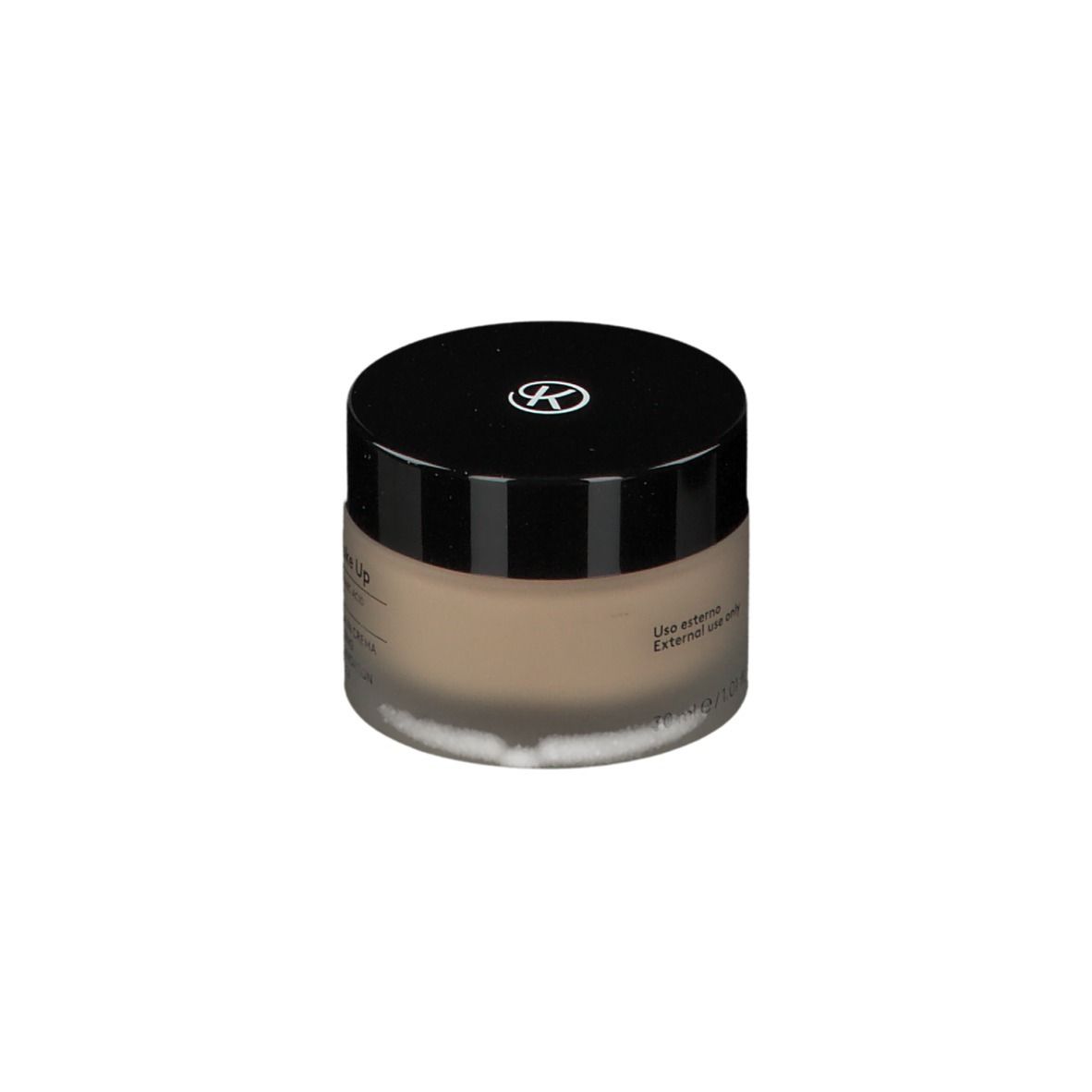 Vasetto rotondo con coperchio nero contenente fondotinta in crema. Scritta: KORFF.