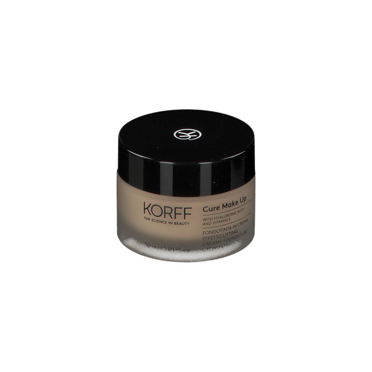 Fondotinta in crema in vasetto rotondo con coperchio nero. Scritta: KORFF, Cure Make Up.