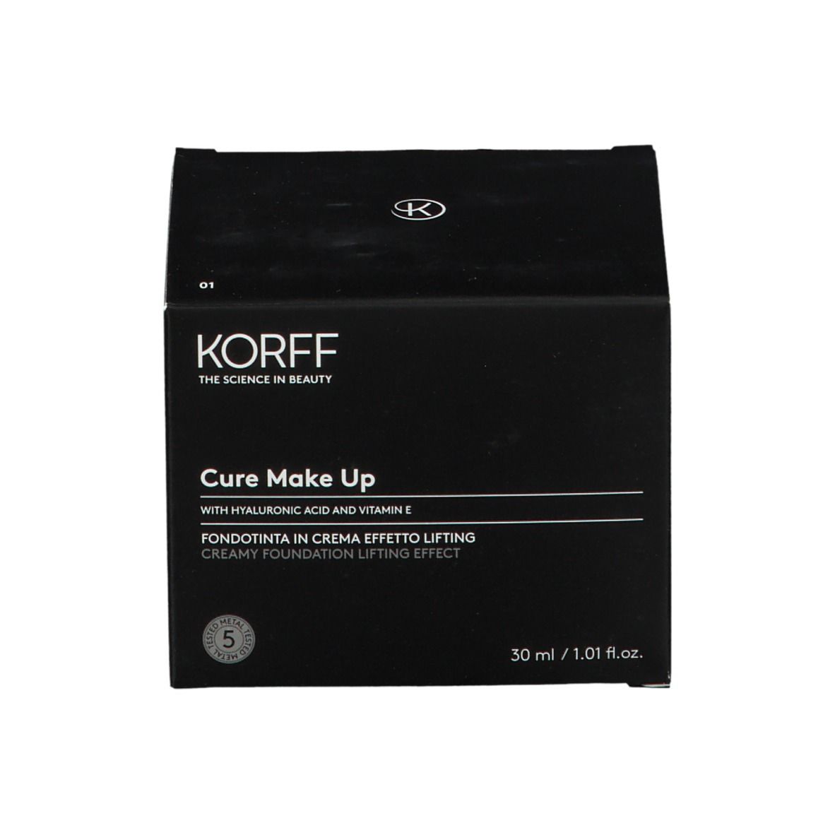Confezione nera con scritta: KORFF, Cure Make Up. Contiene fondotinta in crema.