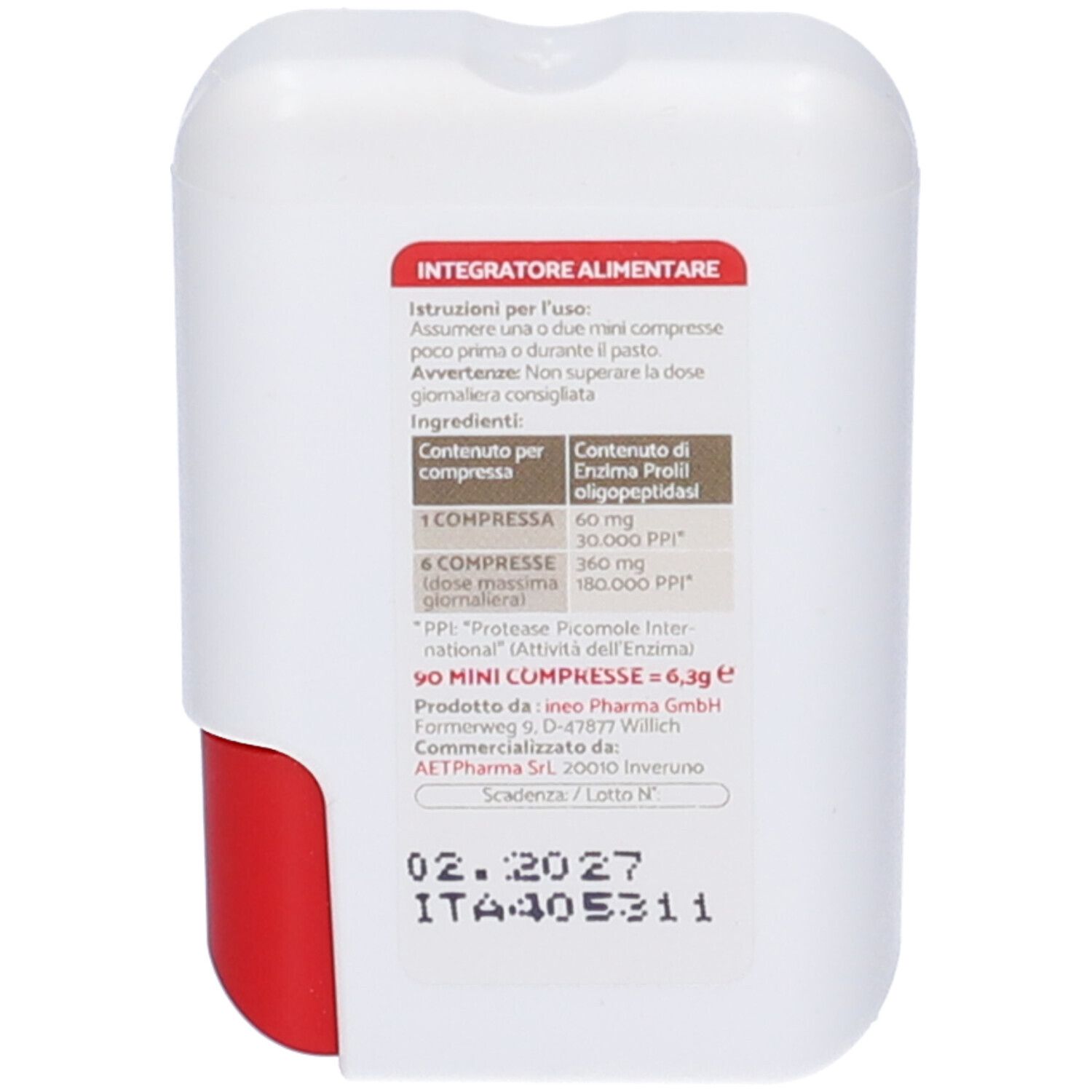 Retro della confezione di compresse. Testo: Integratore Alimentare. Ingredienti, dosaggio. Scadenza 02.2027. ITA405311.
