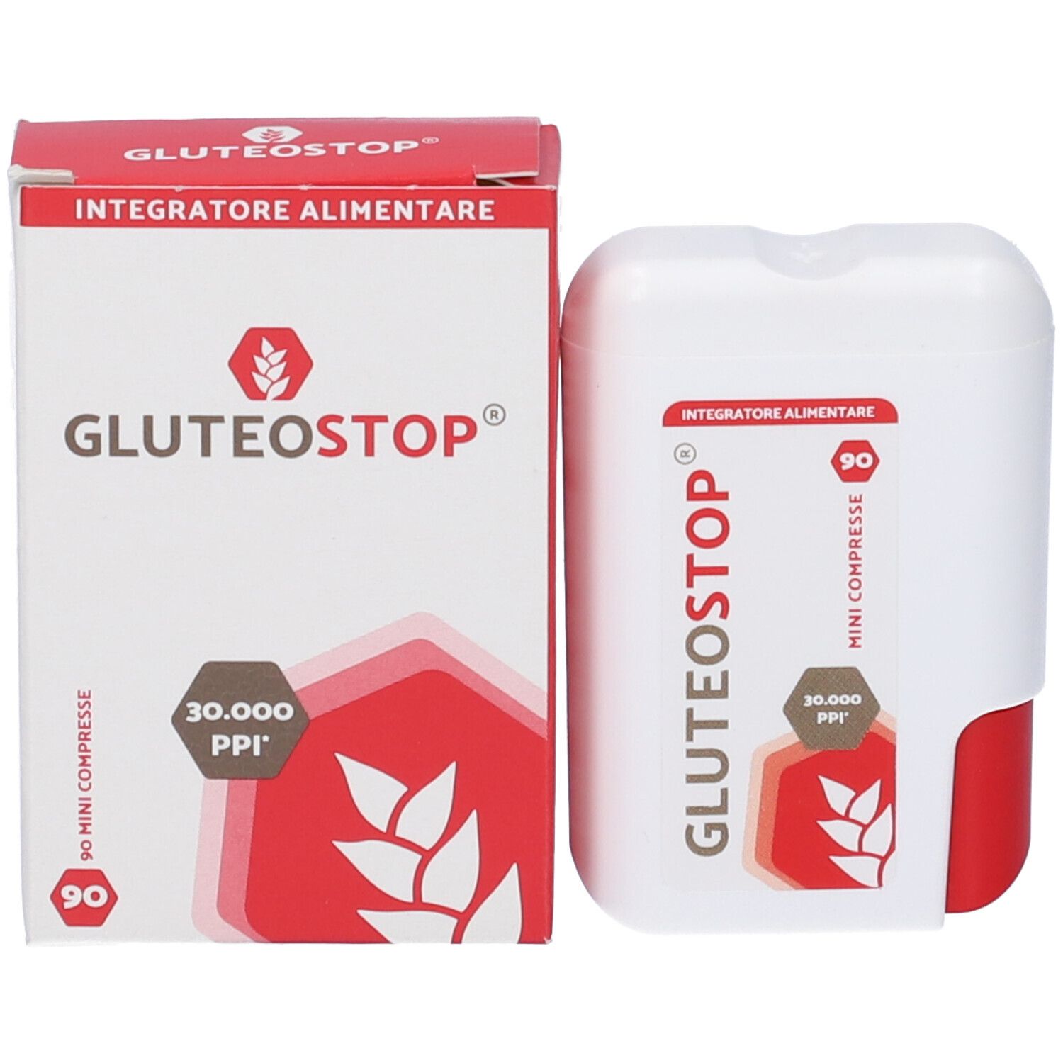 Confezione del prodotto con scatola e astuccio. Scritta GLUTEOSTOP, 90 Mini Compresse. Logo rosso con spiga. Testo: 30.000 PPI.