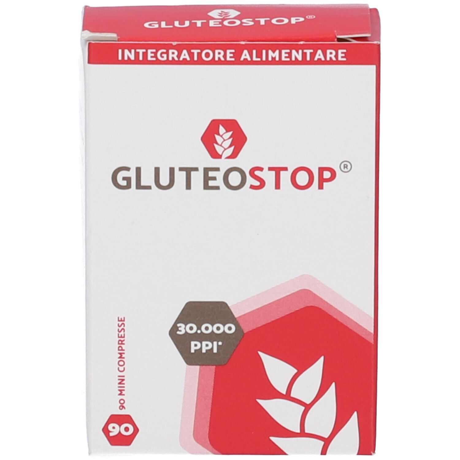 Scatola con GLUTEOSTOP. Scritta: Integratore Alimentare, 90 Mini Compresse. Logo rosso con spiga. Testo: 30.000 PPI.