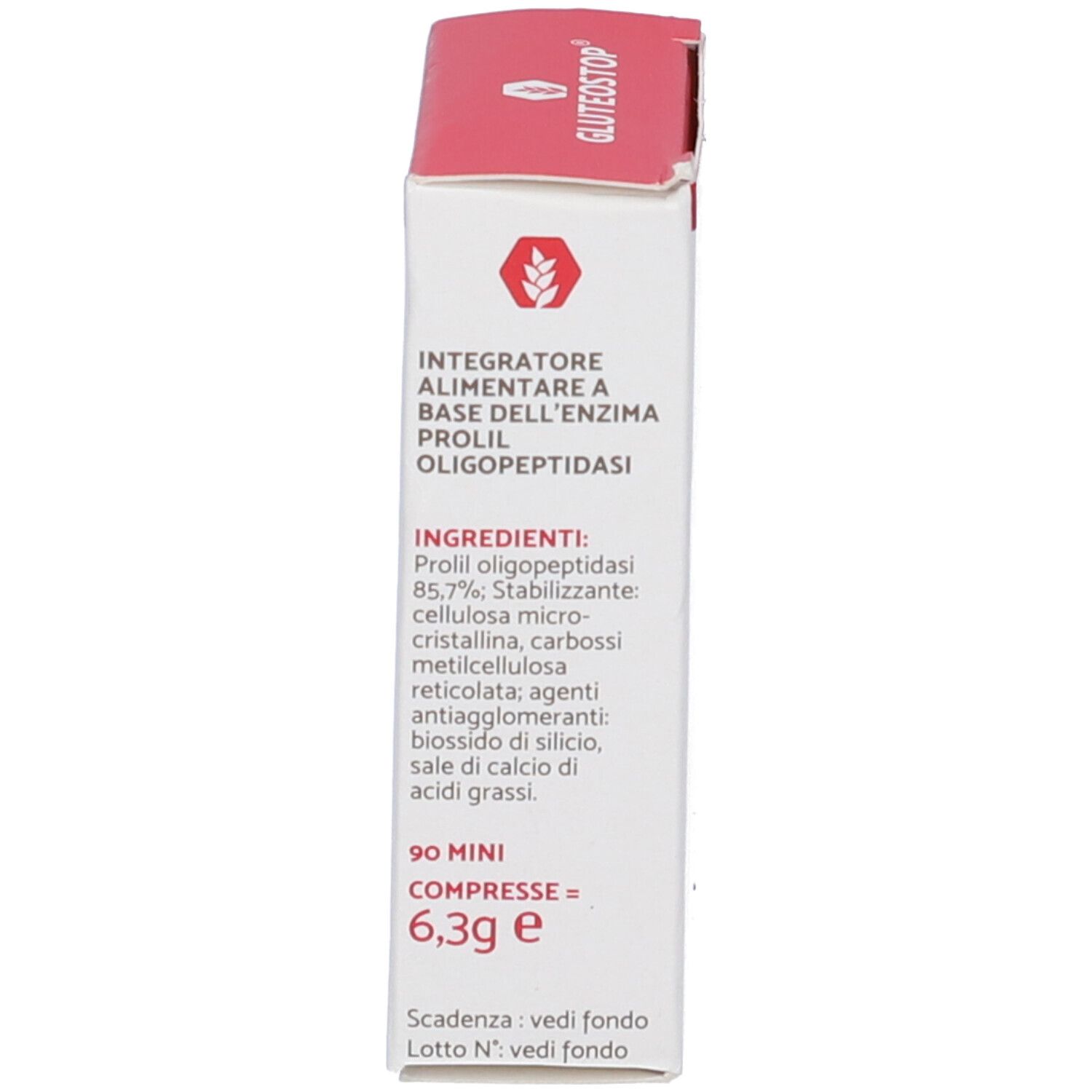 Vista laterale della scatola. Testo: Integratore Alimentare a base dell'enzima Prolil oligopeptidas. Ingredienti, 90 Mini Compresse = 6,3g.