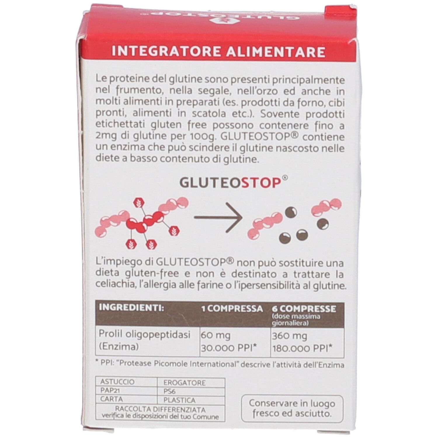 Retro della scatola. Testo: GLUTEOSTOP, ingredienti, dosaggio. Diagramma della digestione del glutine. Tabella ingredienti.