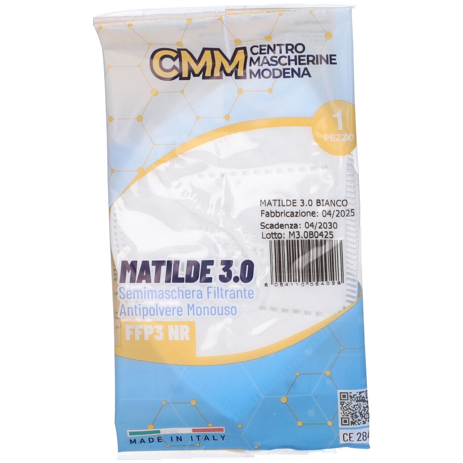 Confezione con mascherina bianca. Sulla confezione sono scritte MATILDE 3.0 e FFP3 NR.