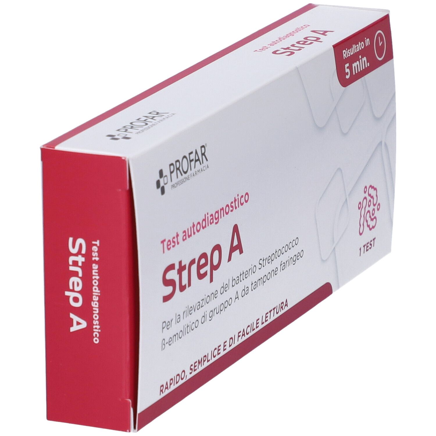 Scatola Profar Test Autodiagnostico Strep A, vista laterale con banda rossa e nome prodotto.