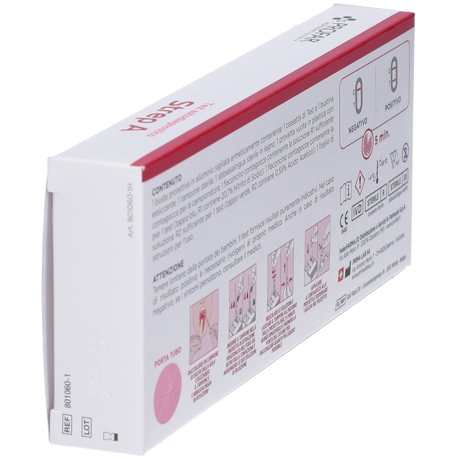 Scatola Profar Test Autodiagnostico Strep A, vista prospettica con focus sul retro e istruzioni.