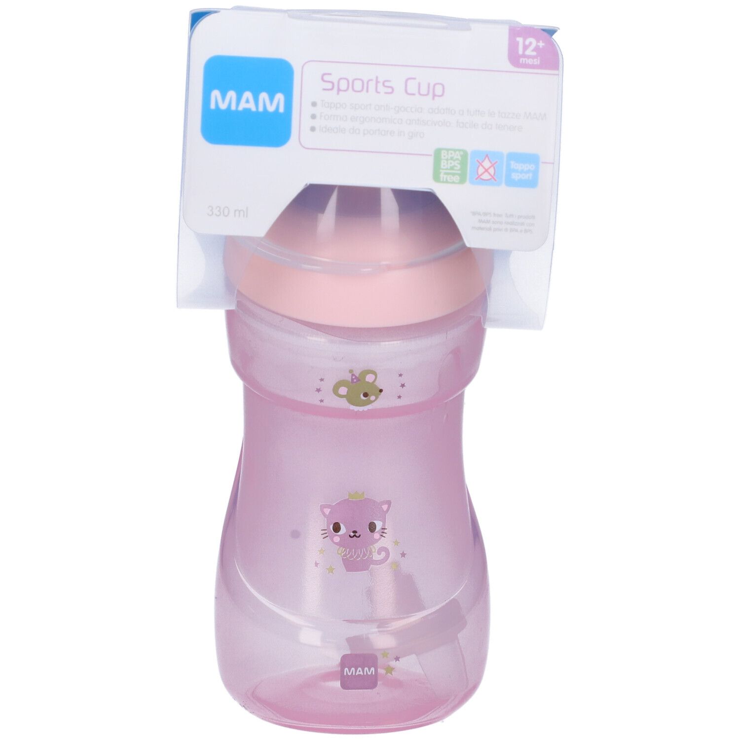 Bicchiere sportivo rosa con confezione. Il bicchiere ha un coperchio ed è decorato con motivi animali. Sulla confezione c'è scritto "MAM".