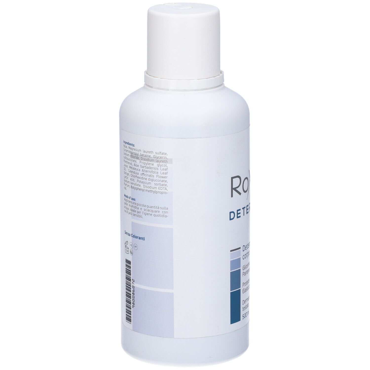 Flacone bianco, retro con testo e codice a barre. Testo: Ingredienti, senza coloranti. Codice a barre e numero di lotto.